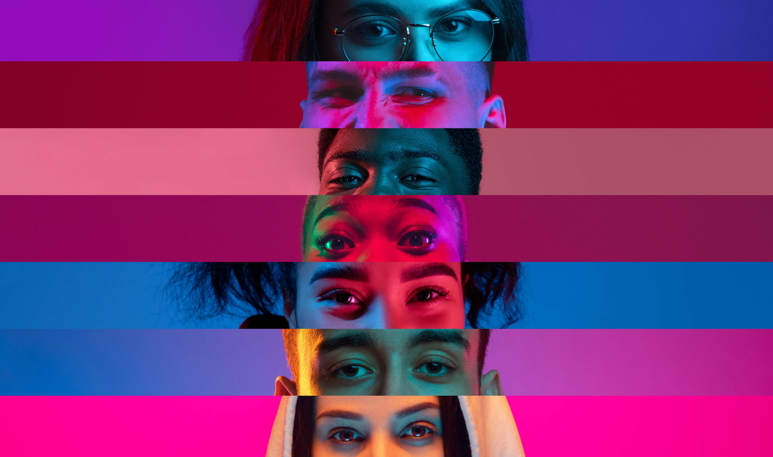 Collage of close-up male and female eyes isolated on colored neon backgorund. Concept of equality, unification of all nations, ages and interests
